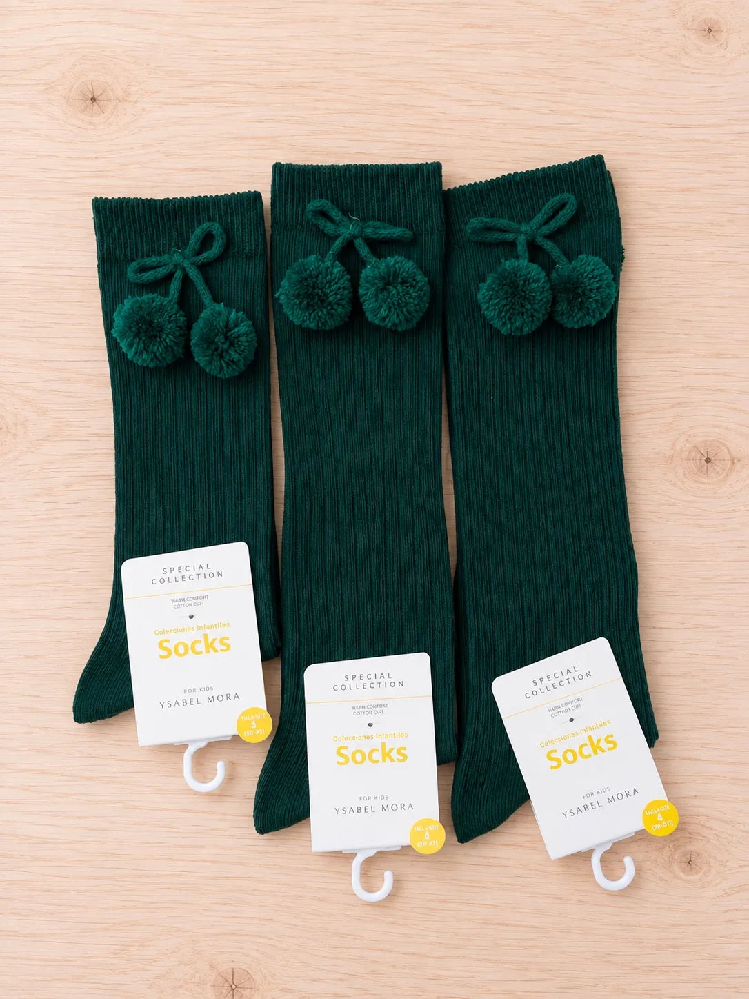 Calcetines altos infantiles con pompones - verde botella