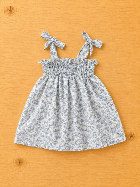 Vestido Fruncido Flores Celestes