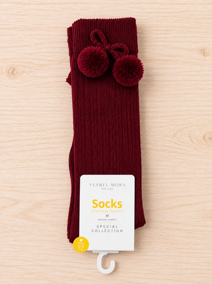 Calcetines altos infantiles con pompones - burdeos