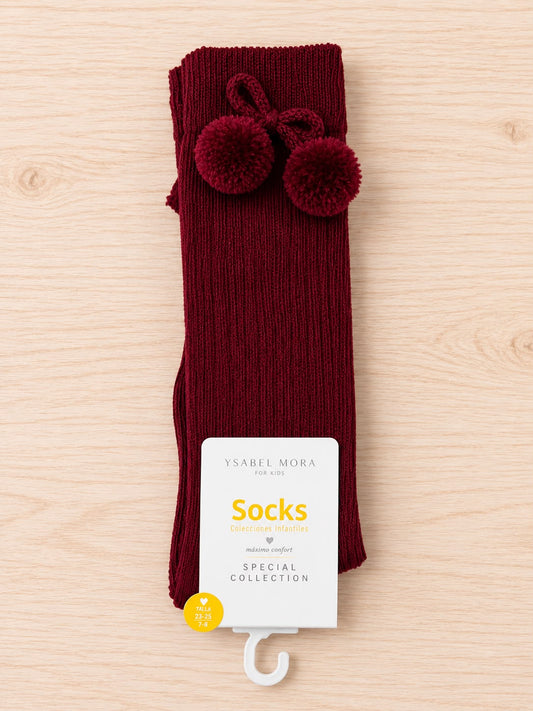 Calcetines altos infantiles con pompones - burdeos