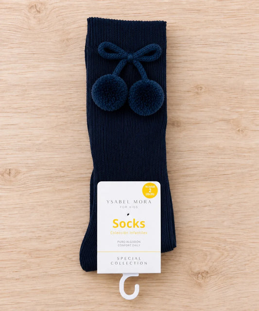 Calcetines altos infantiles con pompones - azul marino