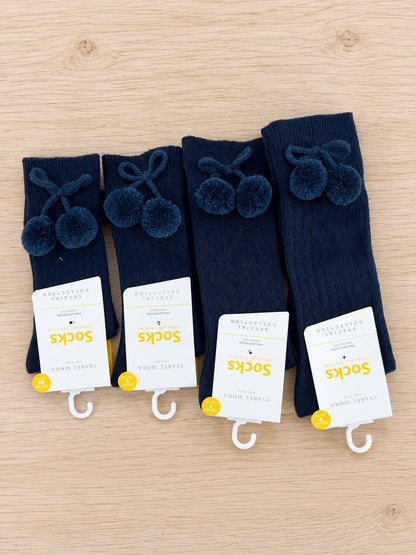 Calcetines altos infantiles con pompones - azul marino