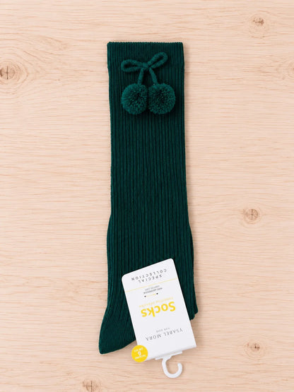 Calcetines altos infantiles con pompones - verde botella