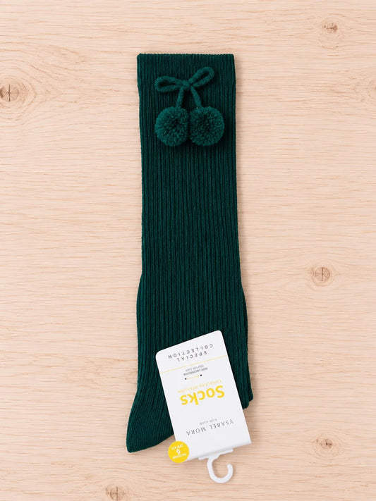 Calcetines altos infantiles con pompones - verde botella
