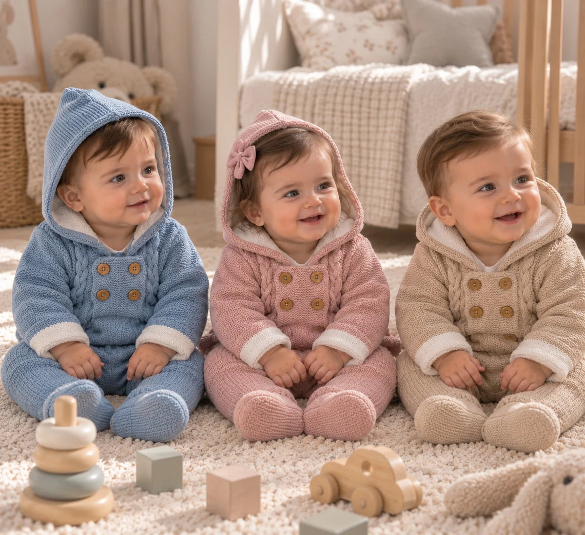 Bebés con conjuntos de punto con capucha en azul, rosa y beige