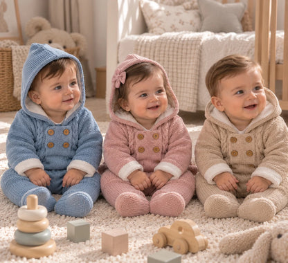 Bebés con conjuntos de punto con capucha en azul, rosa y beige