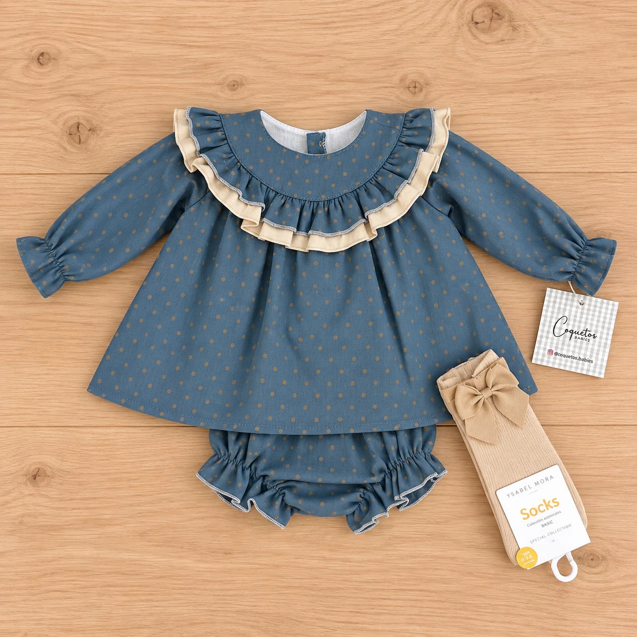 Conjunto bebe niña azul petróleo con topos camel