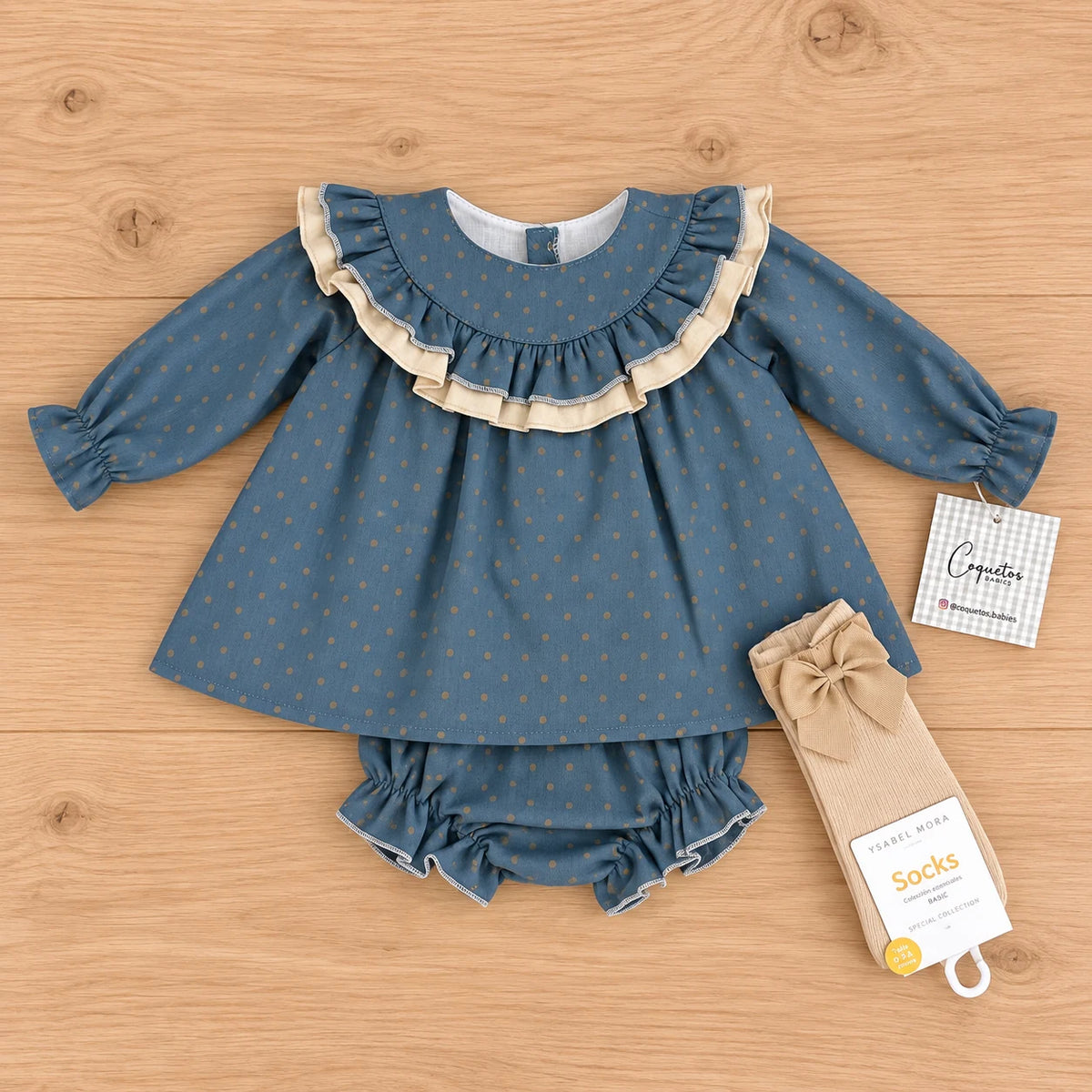 Conjunto bebe niña azul petróleo con topos camel
