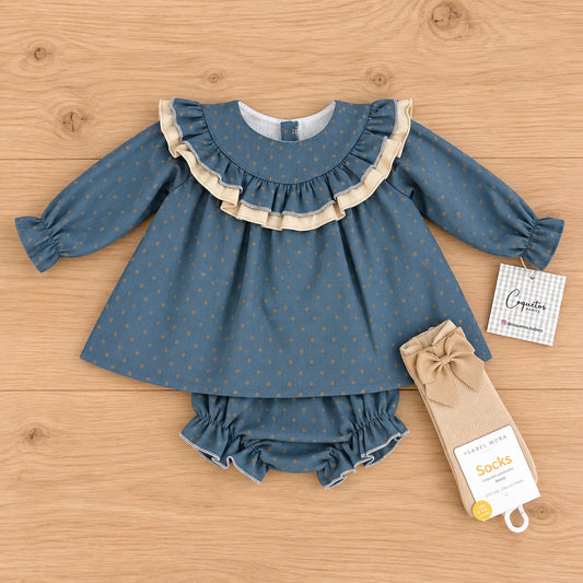 Conjunto bebe niña azul petróleo con topos camel