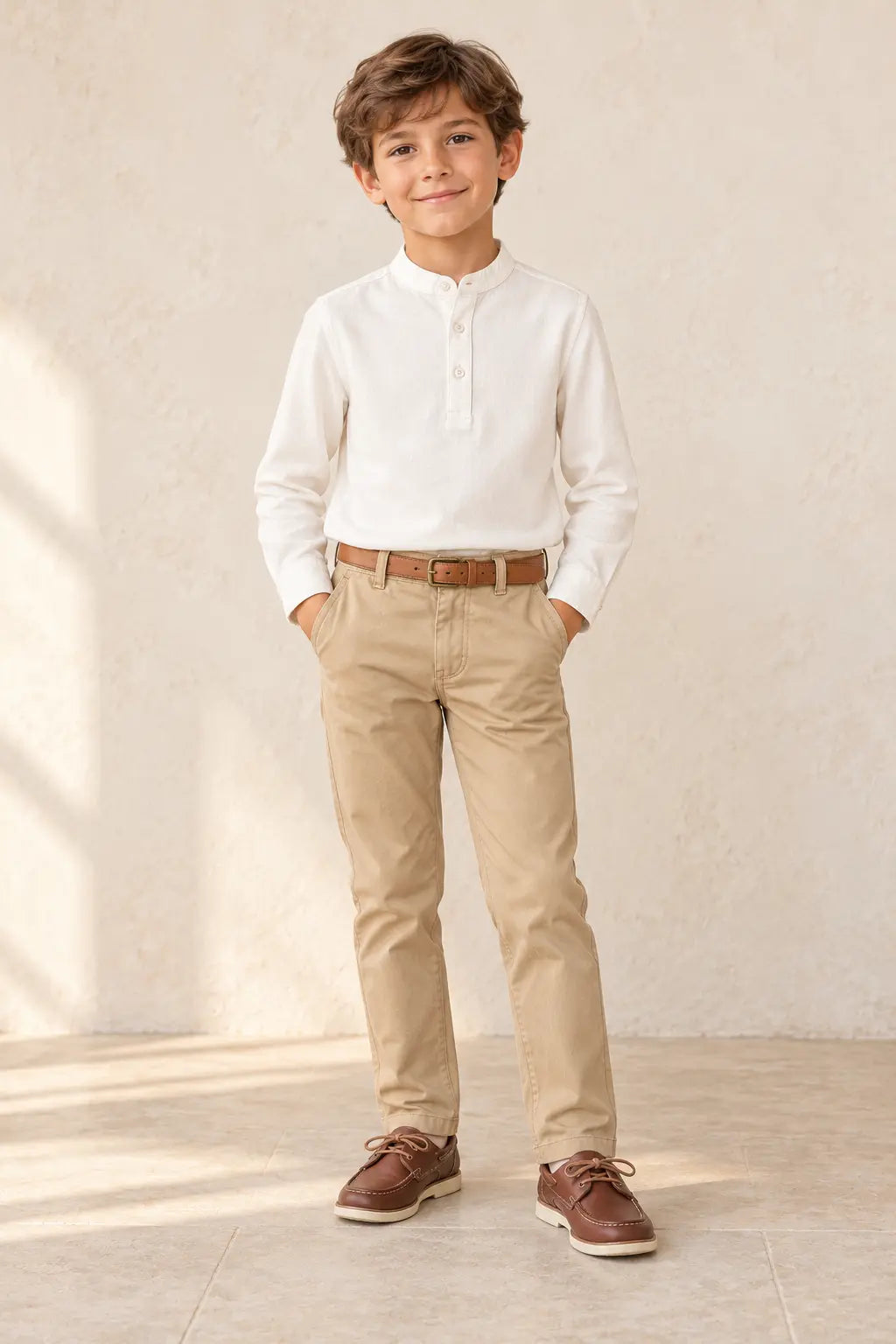 Conjunto niño de camisa cuello mao y pantalón beige.