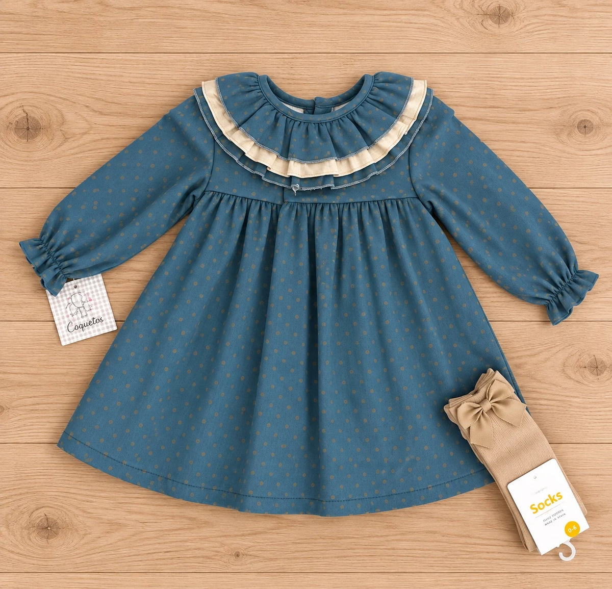 Vestido niña azul petróleo con topos camel y doble volante beige
