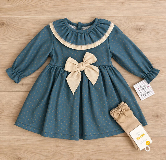 Vestido bebé azul petróleo con lazo beige